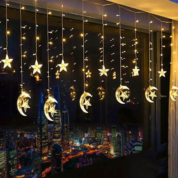 Strings Batterie betrieben 2,5 m 138LEDS Moon Star Vorhang Lichter Ramadan Dekorationen Girlande Lampe für die Weihnachtsfeier Hochzeit Lotiert