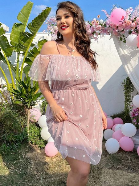 

plus floral embroidery cold shoulder overlay mesh dress g4sn#, Black