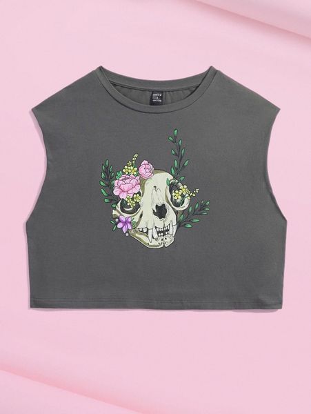 

x lisbeth six floral & skull print crop tank j49o#, White