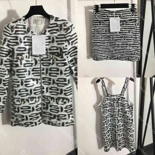 

fashion women designer sequin jacket 3piece suit long sleeves blazer coats slip dress hip wrap skirt logo ch..el brands ins ladies streetwea, Black;brown