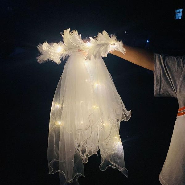 Decorazione per feste Donna Ragazza Glow Light LED Velo Fascia Bowknot Piuma Tulle Ghirlanda Cosplay Compleanno Matrimonio Halloween Festa di Natale