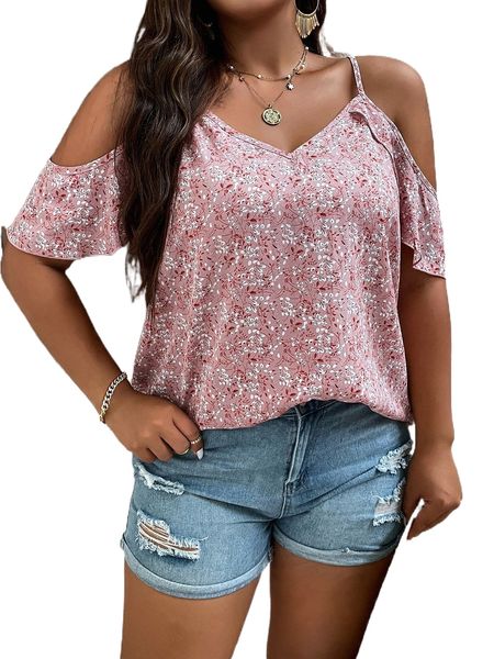

plus plants print cold shoulder blouse c2yz#, Black