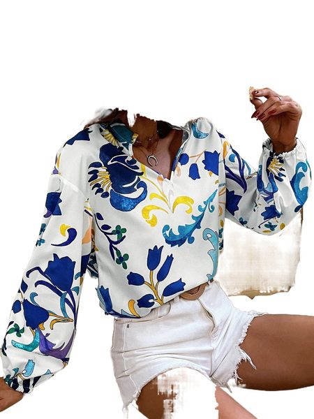 

floral print notched neck lantern sleeve blouse m8l8#, White