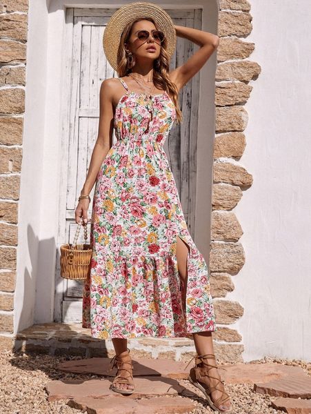 

floral print tie front slit ruffle hem cami dress 39mq#, Black;gray