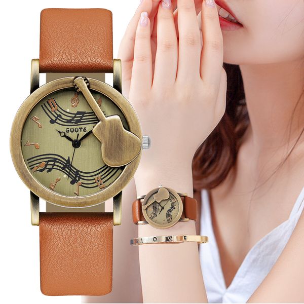 

vintage leather ladies fashion quartz watch luxury brand simple guitar casual reloj de mujer fashion accessories, Slivery;brown