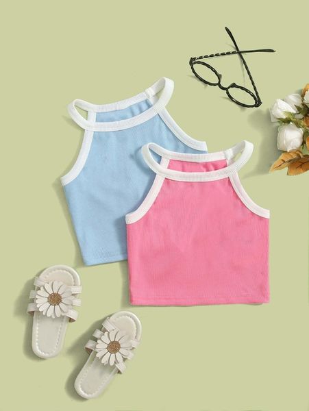 

toddler girls 2pcs contrast binding rib-knit halter she, Blue