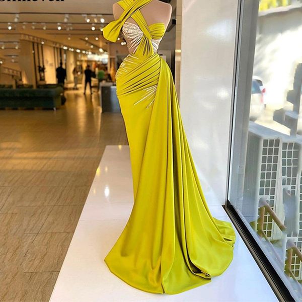 Vestidos de baile de trem de trem longos, vestidos de celebridades da Arábia Saudita, vestidos de festa de festa luxuosos vestido de noite amarelo Mermaid
