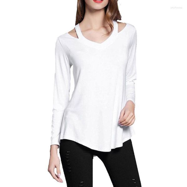 Damen T-Shirt Frauen Basic Langarm T-Shirt Halter V-Ausschnitt Modalfaser Baumwolle Casual Tops Weibliche T-Shirts Weiß Schwarz FarbenDamen Phy