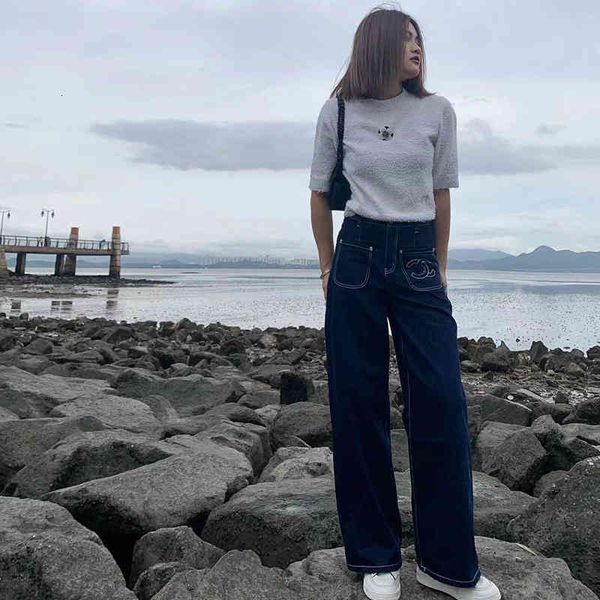 

women's jeans fily c's autumn xiaoxiang jeans, women's high waist front pocket, thin and wide leg pants, shenzhen nanyou, Blue