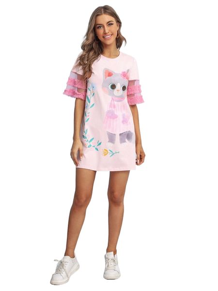 

x elenapugger 1pc cat print frill trim mesh cuff tee dress d7rh#, Black;gray
