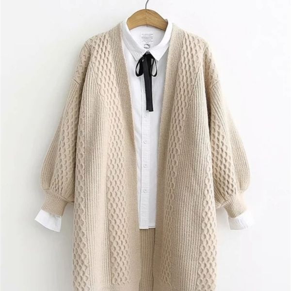 

h sa winter long sweater cardigans women lantern sleeve open stitch oversized jacket clothes female knit coat 220810, White