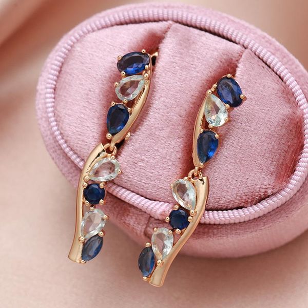 Ciondola Lampadario Oro rosa Orecchini con zirconi blu Set di punte Natural CZ Long Drop Piercing Party Hoops Elegant Wedding Fine Jewelry