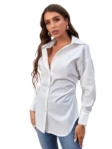 

drop shoulder ruched waist blouse c4le#, White
