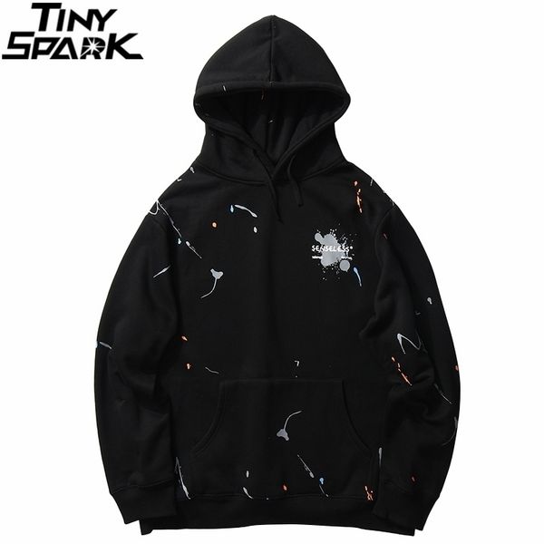 

men streetwear graffiti ink harajuku hoodie sweatshirt hip hop loose pullover hoodie cotton winter fleece hooded sweatshirt 201113, Black