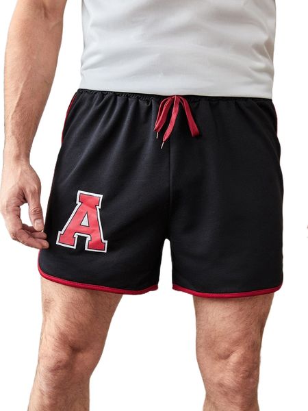 

men letter graphic drawstring waist contrast binding shorts 48v6#, White;black