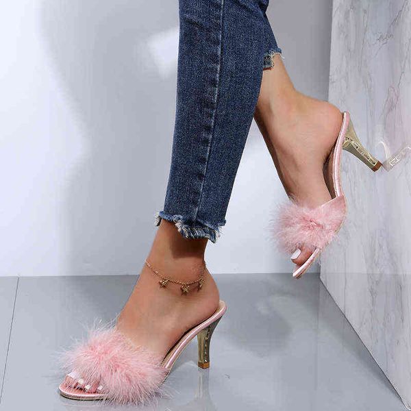 

women summer trend high heels female luxury thin heels sandals ladies party cute fuzzy high heels sandals for women 2022 y220409, Black