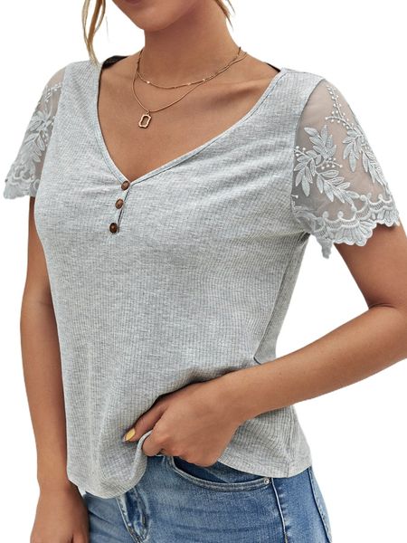 

embroidered mesh button front v-neck tee i3ov#, White