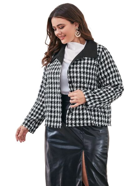 

plus plaid pattern tweed overcoat 93gb#, Black