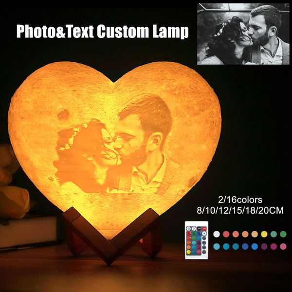 Lâmpada de lua personalizada Lâmpada recarregável com fototexto coração 3d Impresso Moon Night Light Gifts para família Dia dos Namorados 201028