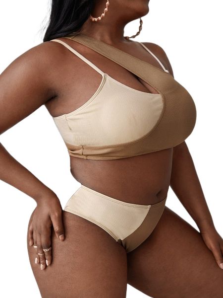 

plus two tone asymmetrical neck bikini swimsuit f19e#, White;black