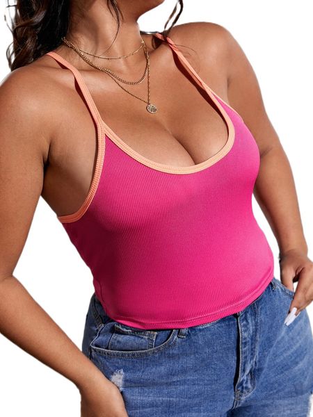 

plus contrast binding crisscross back ribbed knit cami f5gd#, Black