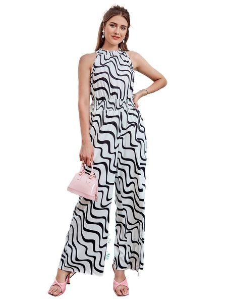 

waves print shirred waist frill neck sleeveless jumpsuit 11qq#, Black;white