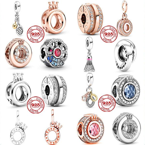 Ciondolo pendente in argento sterling 925 con corona rotonda perline da badminton, perline adatte per braccialetti Pandora, accessori per gioielli fai da te