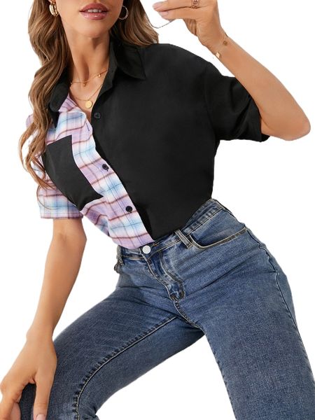 

plaid patched pocket button front blouse t1fw#, White