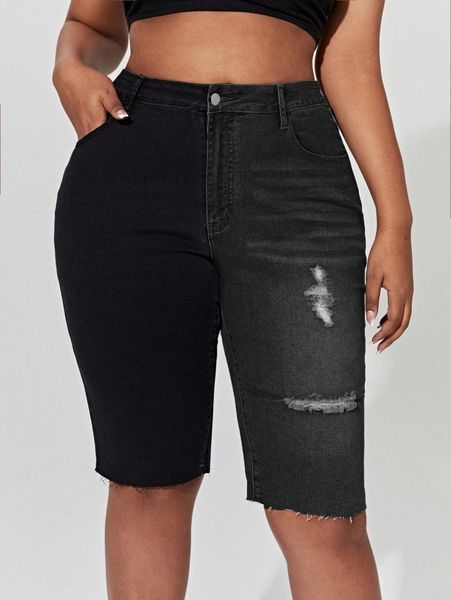 

sxy plus two tone ripped raw cut denim shorts e24h#, White;black