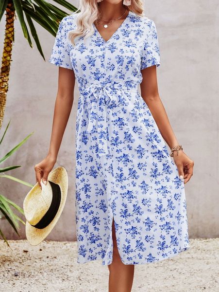 

allover floral print v-neck belted dress 99kb#, Black;gray