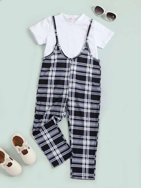

toddler girls solid tee with plaid pinafore jumpsuit she, White
