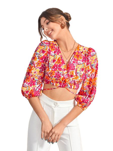 

x luisana batista floral print tie back wrap crop 70tl#, White