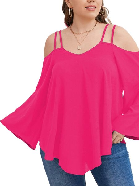 

plus solid cold shoulder blouse b1eq#, Black