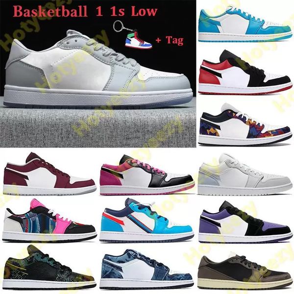 

2021 tag 1 1s low basketball shoes unc paris men women sneakers grey black sail black toe gs tri-color washed denim trainers keychain