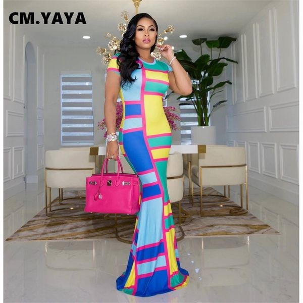 

cm.yaya women long dress print short sleeve o-neck stretchy bodycon maxi dresses vintage party vestidos summer outfits 220516, Black;gray