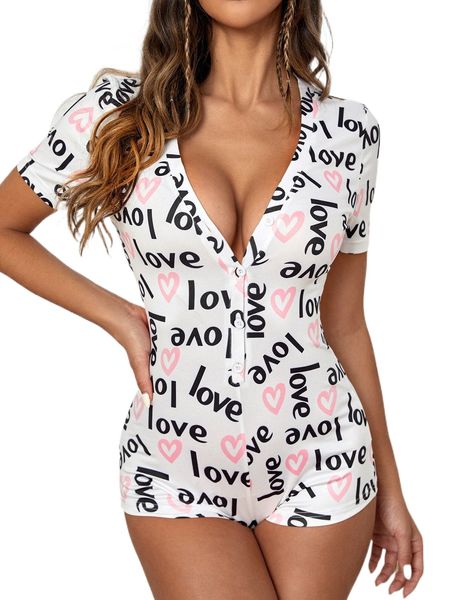 

buttoned front letter and heart print romper s3dq#, Black;red