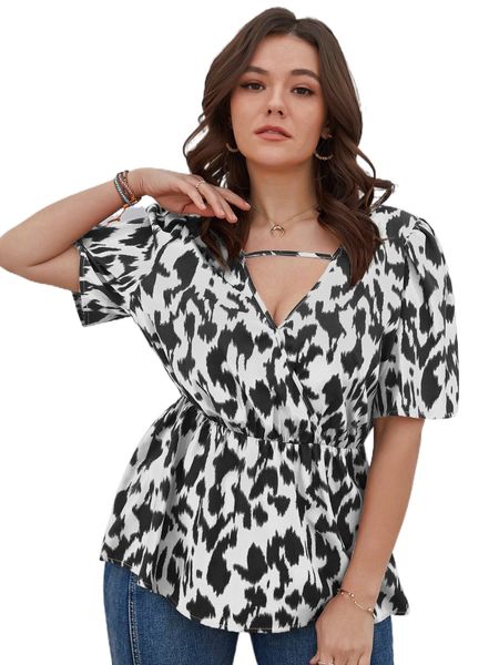 

plus allover print cut out peplum blouse q67m#, Black