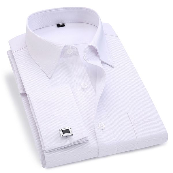 Homens French Dress Dress Camisa Branco Manga Longa Botões Casuais Marca Masculina São Regular Fit Cufflinks Incluído 6xL 220322
