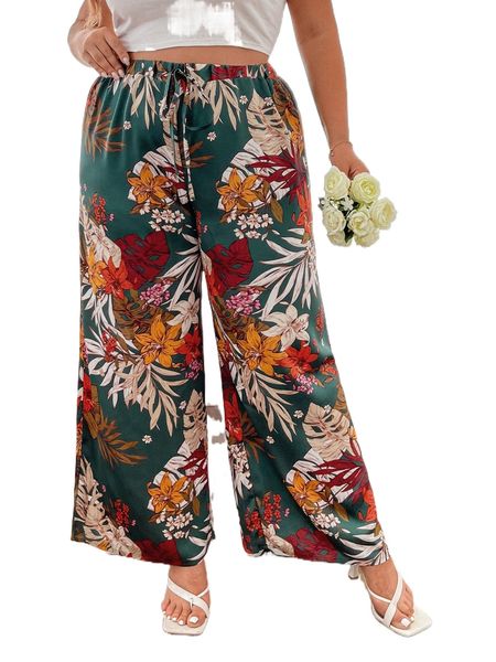 

plus tropical print tie waist wide leg pants i2ht#, Black