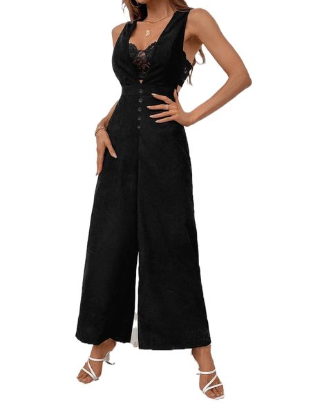 

plunging neck wide leg jumpsuit without bandeau d3oa#, Black;white