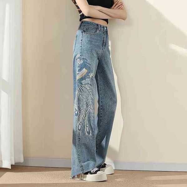 

embroidery pants women jeans women clothing fashion 2022 jean baggy clothes wide leg pant high waist trousers woman denim pant l220726, Blue