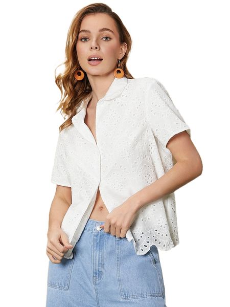 

scallop trim button up schiffy blouse m5lf#, White
