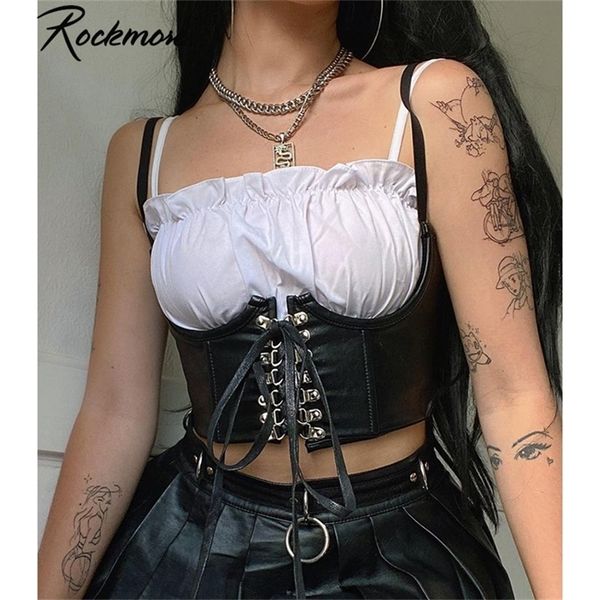 

rockmore gothic pu leather corset women lace up crop punk style corselet wear out bustiers cummerbunds streetwear mujer 220617