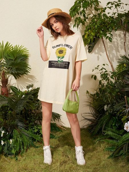 

sunflower & letter graphic drop shoulder tee dress t6li#, Black;gray