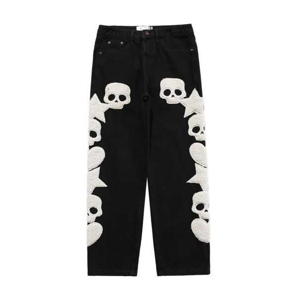

men's jeans men's dark skeleton embroidered high street brand loose straight pants trend casual wide leg for menmen's, Blue