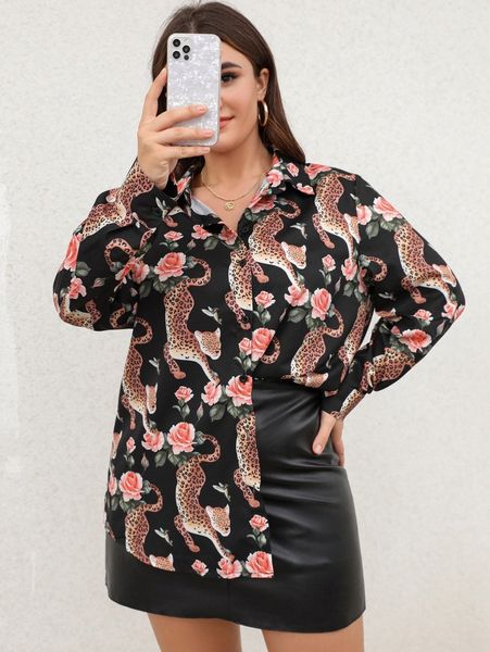 

plus floral & leopard print blouse y4rd#, Black