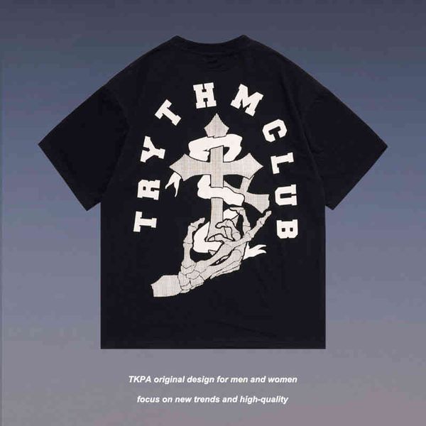 

dark cross printed t-shirt for men street short sleeve streetwear women clothes loose tee, White;black