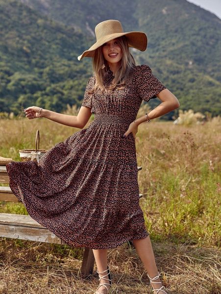 

ditsy floral print shirred waist ruffle hem dress p2gs#, Black;gray