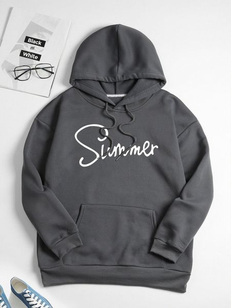 

letter graphic thermal lined drawstring hooded sweatshirt u98m#, Black