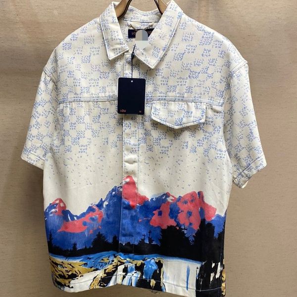

r denim shirts luxury brand classic snow mountain print short sleeve t-shirts all-match loose for men and women, White;black